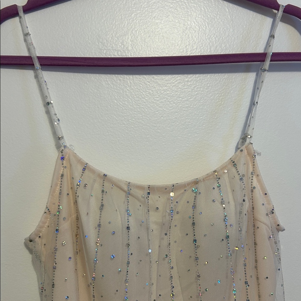 Sparkling Beige Dress with Faux Fur Hem - Picture 3 of 10